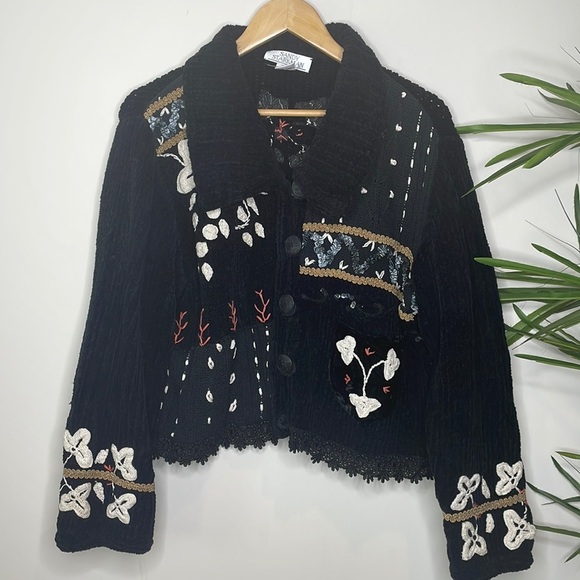 Sandy Starkman Sweaters - Vintage Sandy Starkman || Chenille Button Front/Ribbon Art Sweater/Jacket